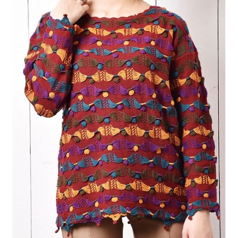 Vintage All Points Reference Point Textured Tassel Knit Sweater Red Multi Small